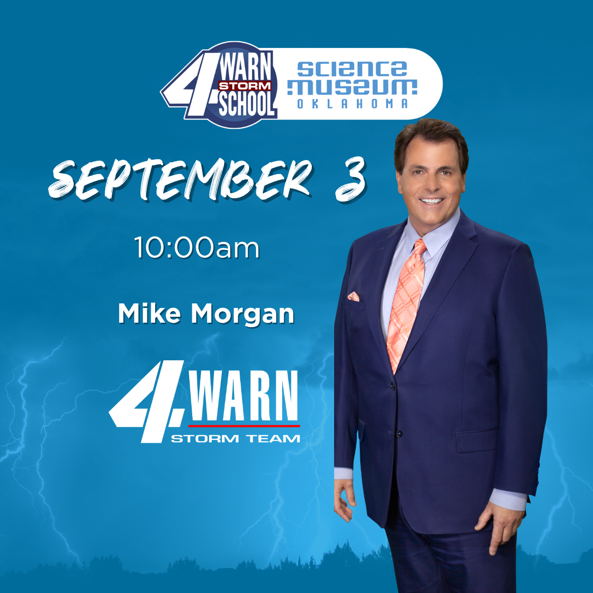 Graphic for KFOR 4Warn Storm School held at Science Museum Oklahoma with Mike Morgan.