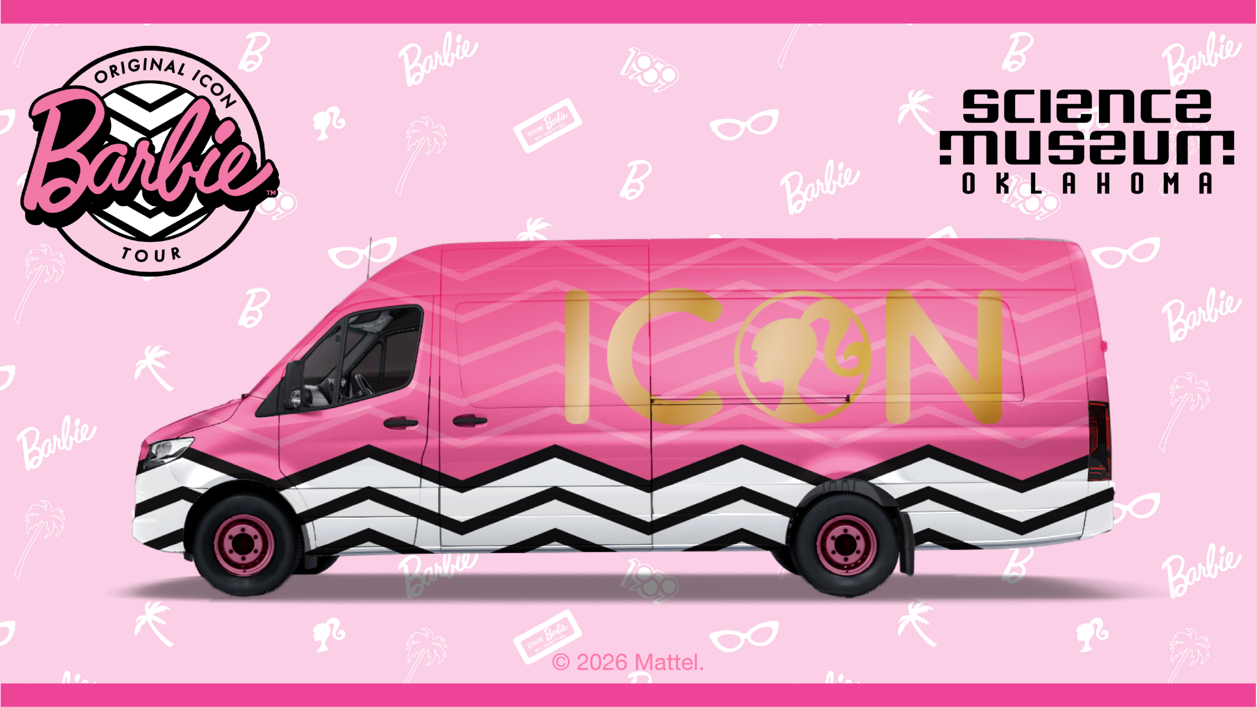 Pink Barbie Truck with black and white zigzags on the bottom and icon in gold across the middle with barbie and science museum Oklahoma logos