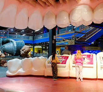 Children explore the Mighty Mouth exhibit at Science Museum Oklahoma, learning about dental health through giant interactive teeth.