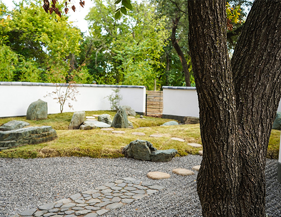 The serene Kyoto Garden at Science Museum Oklahoma features a Japanese rock garden with pathways and mossy stones.