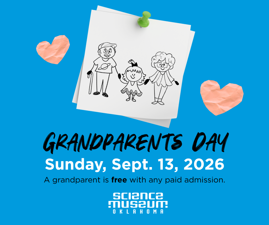 Grandparents Day Sept. 13, 2026. Drawing of grandparents with child and hearts. A grandparent is free with any paid admission.