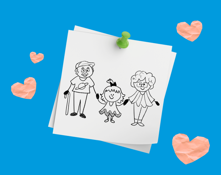 Stick drawing of grandparents holding hands with grandchild.