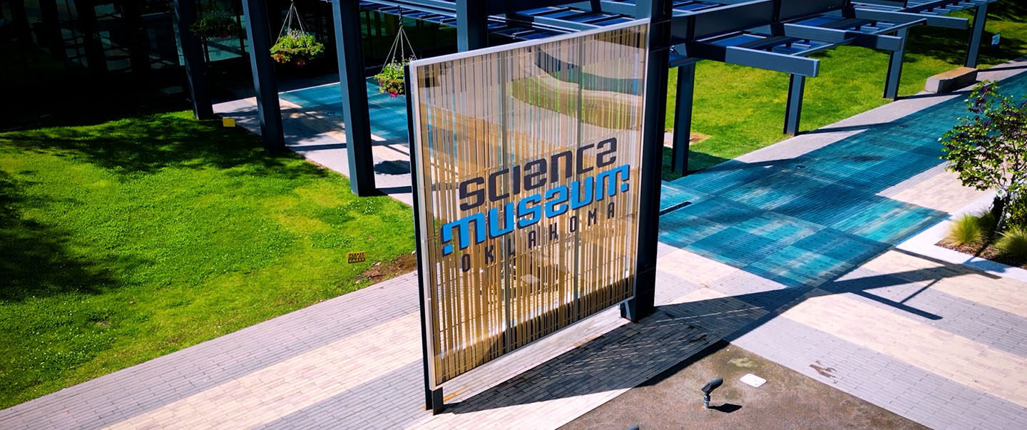 The front entrance and sign of Science Museum Oklahoma located in the Adventure District of Oklahoma City, Oklahoma.