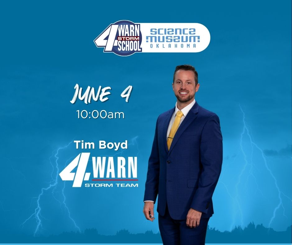 Graphical advertisement for KFOR 4Warn Storm School featuring Tim Boyd.