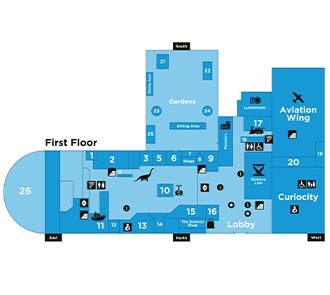 Science Museum Oklahoma first floor map showing exhibit locations, CurioCity, Aviation Wing, museum gardens, and lobby amenities for visitor planning and accessibility.