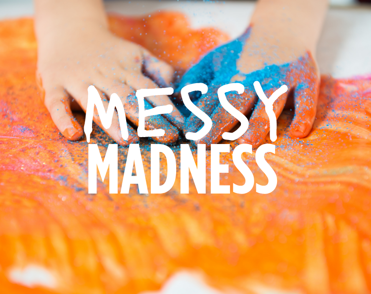 Hands smearing orange, blue, and pink paint on a canvas.