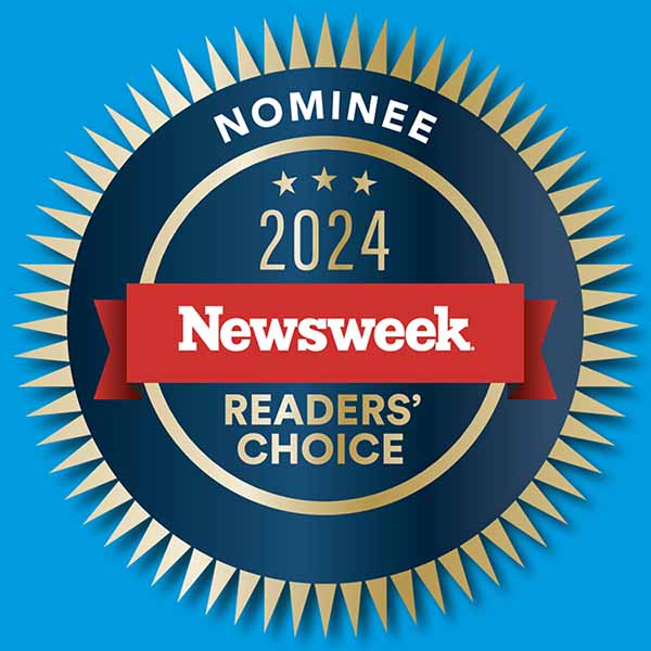 Newsweek 2024 Readers’ Choice nominee badge featuring a gold and navy design with a red banner displaying the Newsweek logo.