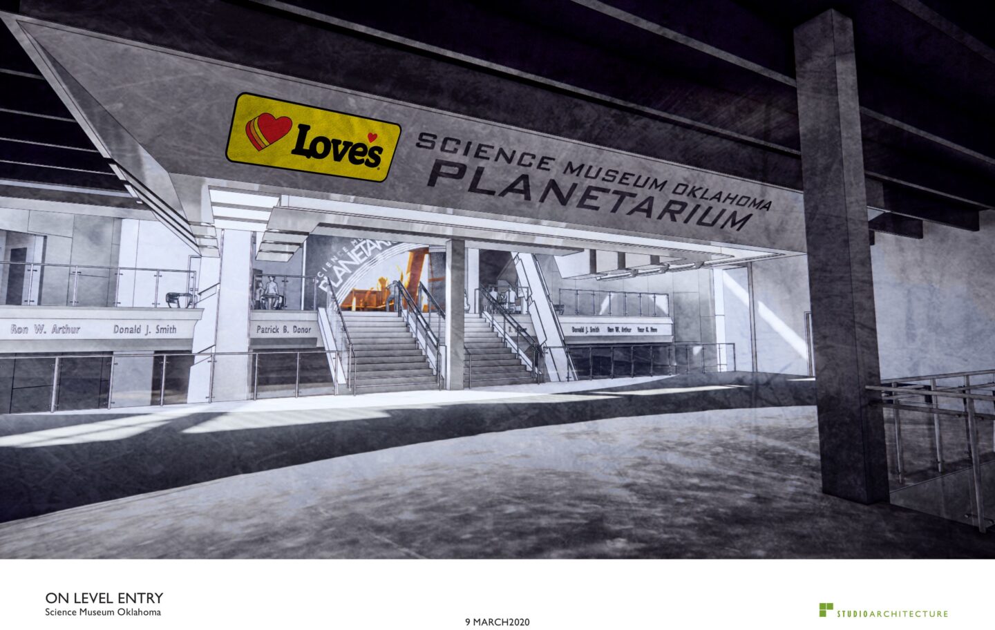 Architectural rendering of the Love’s Planetarium at Science Museum Oklahoma, showing the main entrance with staircases, glass railings, donor names, and modern design elements, created by Studio Architecture.