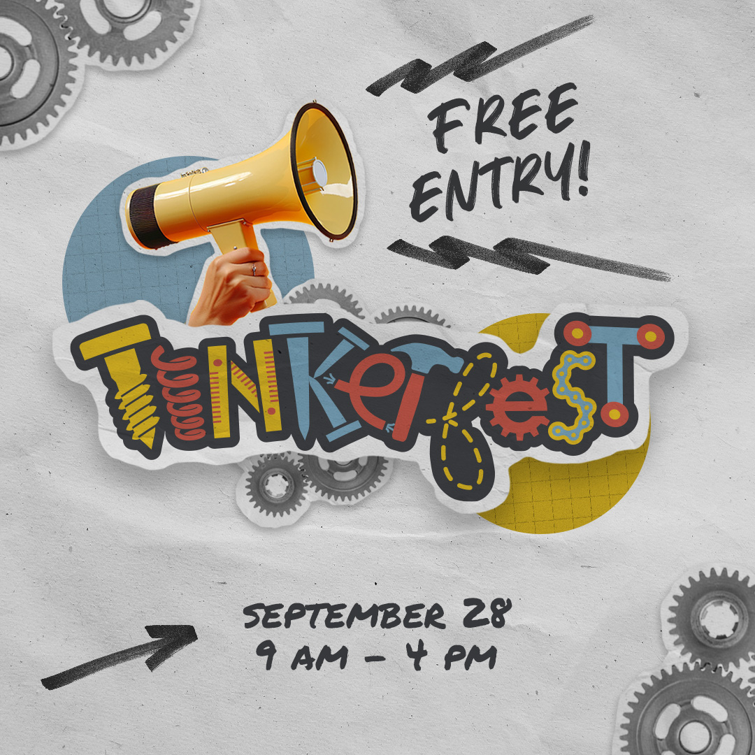 Promotional graphic for Tinkerfest at Science Museum Oklahoma, featuring a colorful Tinkerfest logo with gears, a yellow megaphone, and event details: free entry on September 28 from 9 a.m. to 4 p.m.