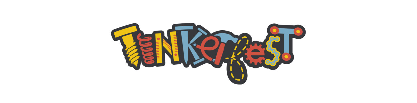 Colorful Tinkerfest logo with each letter creatively designed using tools and mechanical parts, representing hands-on science and engineering activities.