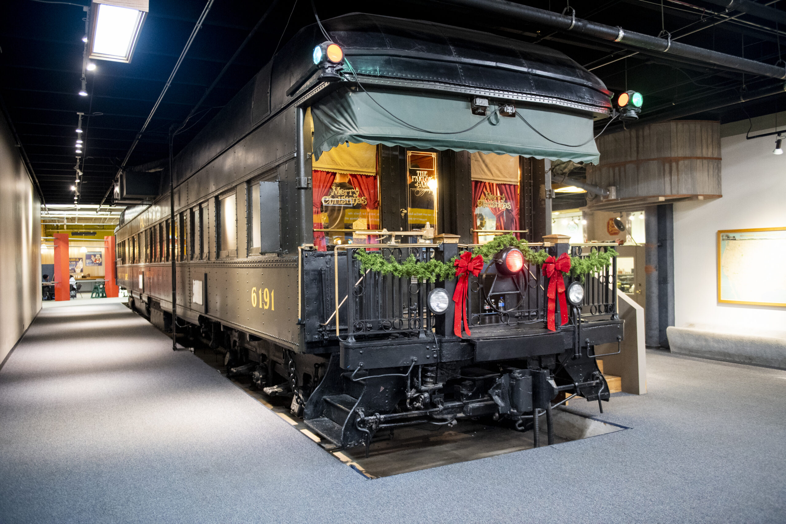 Pullman Parlor Car with holiday decorations