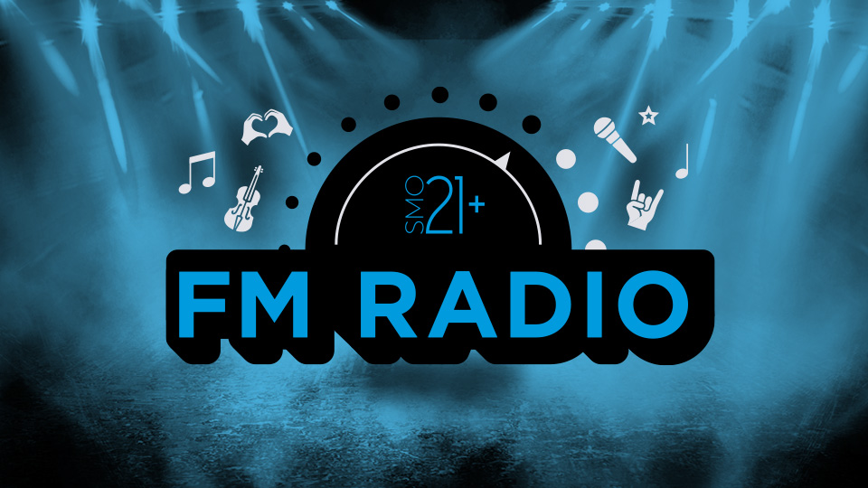 Black and blue graphic representing adult night SMO21+: FM Radio.
