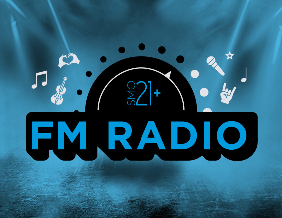Black and blue graphic representing adult night SMO21+: FM Radio.