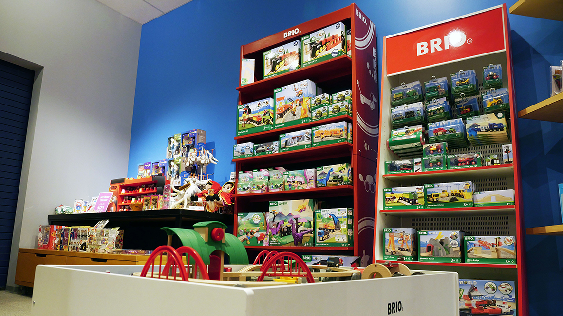 BRIO toy train sets and interactive play table at The Science Shop inside Science Museum Oklahoma, ideal for hands-on learning and imaginative play.