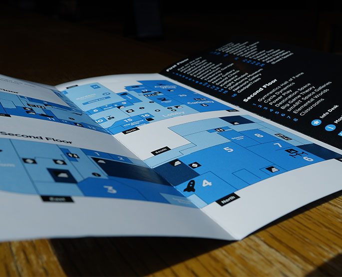 Science Museum Oklahoma facility map highlighting exhibit locations, CurioCity, Aviation Wing, planetarium, and dining areas for visitor navigation.